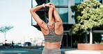 Exercise, running and stretching with sports woman in city, getting ready for cardio workout in summer. Fitness, warm up and back of athlete outdoor in urban town for marathon training or preparation