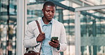 Fail, news or businessman with phone in city commute on outdoor travel with bad review or results. Stress, employee or black man reading text in urban area or Cape Town with message or notification