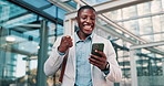 Businessman, happy or winning on a phone in city commute or outdoor travel with good news. Success, employee or excited black man with victory in urban area or Cape Town with message or notification 