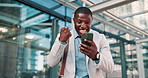 Phone, business man and celebration in city for success, winning or goal achievement of excited salesman. African professional, smartphone and cheers for good news outdoor, promotion or bonus prize