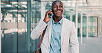 Phone call, business and happy black man in city for travel, walking or salesman on work trip in the morning. African professional, smartphone and commute for chat, laughing and negotiation on street