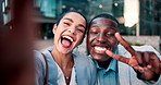 Business woman, man and selfie in city with smile, peace sign and laughing for funny post on web. People, friends or colleagues with photography, profile picture and emoji in street for social media