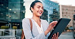 Social media, smile or businesswoman with tablet in city commute to work or office on outdoor travel with news. Happy, employee or worker networking in urban area or Cape Town with a notification