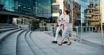 Smile, business people and walking on steps in city for morning conversation or commute to work together. Collaboration, travel or teamwork with happy young man and woman employee in urban town