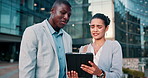 City, business people and tablet with teamwork, brainstorming and planning with internet and New York. Email, outdoor or coworkers with tech, buildings or digital app with social media or partnership