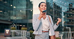 Phone call, business woman and walking in city for travel, funny or happy agent in discussion on work trip. Professional, smartphone and commute for chat, news and laughing in conversation outdoor