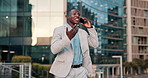 Phone call, business and happy black man outdoor for travel, walking or salesman on work trip in the morning. African professional, smartphone and commute for chat in city, laughing or negotiation
