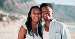Face, beach and hug with black couple, smile and romantic with honeymoon, adventure and travel. Portrait, embrace and seaside with man and woman with happiness and marriage with relationship or love