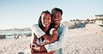 Face, beach and hug with black couple, vacation and romance with honeymoon and happiness. Portrait, embrace and seaside with man or woman with adventure or marriage with relationship, love or journey