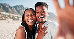 Couple, portrait and black man together with woman for selfie in vacation for love with peace. Partners, smile and laugh outdoor in beach of Cape Town for holiday, date and happy to relax in summer