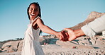 Happy couple, beach and holding hands for love, romance and running with freedom, excited and laughing, Young african woman with smile, travel and playful for vacation in Cape Town, South Africa