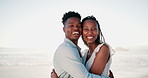 Face, beach and hug with black couple, love and romance with honeymoon celebration and travel. Portrait, embrace and seaside with man and woman with happiness and marriage with relationship and smile