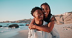 Walking, piggy back and black couple on beach together for bonding, relax and relationship. Dating, travel and happy man and woman laugh by ocean for romantic holiday, vacation and weekend in nature