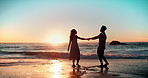 Beach, couple and sunset at ocean with running for adventure, love and summer date together with freedom. Man, woman and holding hands by water for holiday, romance and vacation weekend in Greece