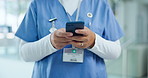 Medical doctor, hands or typing on cellphone in clinic, research or drug reference guide for prescription. Specialist, text or digital patient records on mobile app or remote consultation in hospital