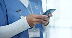 Medical person, hands or message on cellphone in clinic, research or drug reference guide for prescription. Doctor, text or digital patient records on mobile app for remote consultation in hospital