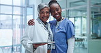 Doctor, nurse and mentor with smile, hug and learning for future and growth. Women, hospital and thank you with medicine, support and collaboration for healthcare and wellness service with gratitude