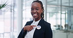 Vote, badge and face of black woman pointing for politics, elections or patriotic. Government, happiness and portrait female person with pin for registration, choice and support for democracy