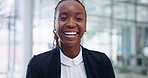 Portrait, corporate and African woman with smile in office, employee and staff in workplace or company. Professional, bookkeeper and female person with happiness for investment of business in startup