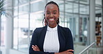 Portrait, professional and black woman with smile in office, employee and staff in corporate company. Workplace, bookkeeper and female person with happiness for investment of business in startup