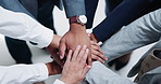 Diversity, business people and hands together in office for support, partnership or motivation. Professional employees, corporate and gesture with agreement for team building, meeting and solidarity