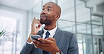 Phone news, thinking or businessman with ideas in workplace for social media or chat notification. Smile, email or excited African worker in office texting, networking or typing online on mobile app