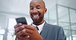 Phone news, office or businessman with smile in workplace for social media or chat notification. Smile, email or happy African worker in workplace texting, networking or typing online on mobile app