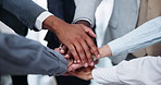 Meeting, business people and hands together in office for motivation, partnership or solidarity. Professional employees, corporate and gesture with agreement for teamwork, collaboration and support