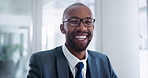 Portrait, black man and job opportunity with smile in office with happiness for interview, corporate career or promotion. Male person, workplace and confident for hr management position in company