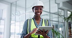 Woman, architect and tablet for project planning of building construction, real estate or development. Black person, smile and online with helmet or civil engineering office, contractor or renovation