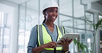 Woman, architect and tablet for construction project for planning, real estate or development. Black person, smile and online with hardhat for civil engineering renovation, contractor or approval