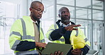 Construction, discussion and colleagues with teamwork, planning and brainstorming with collaboration. Engineer, men and employees with technology in warehouse, workplace and working with logistics