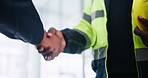 Building contractor, handshake and business people with agreement and renovation with partnership for property development. Closeup, CEO or project inspector shaking hands or architecture recruitment