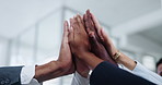 Closeup, business people and high five in office for motivation, partnership or corporate success. Employees, diversity and gesture for support with team building, meeting and solidarity in low angle