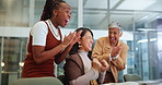 Clapping hands, excited and business women in office with good news, achievement or teamwork. Collaboration, happy and group of professional female designers cheering with applause in workplace.