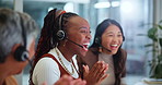 Call center, celebration and happy woman for achievement, success and applause for sales goal. Telemarketing, winner and excited diverse team for customer service, bonus or reward with headset