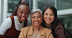 Face, smile and team of business people in office together for collaboration, leadership or management. Portrait, teamwork and happy woman employee group in workplace for meeting or planning