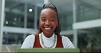 Smile, laptop and face of black woman in office for creative project with research online. Happy, technology and portrait of African female designer working on internet with computer in workplace.