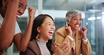 Business people, promotion women with celebration, success and achievement with b2b deal. Winner, coworkers and manager with employees, bonus and applause with collaboration, excited and cooperation