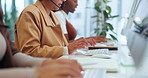 People, call center and typing with headset at computer or customer service conversation, technical support or online. Women, colleagues and telemarketing for contact us or internet, office or advice