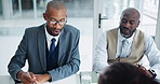 Businessman, colleagues and conversation or job interview for corporate employment or hiring, recruitment or candidate. Male people, person and discussion with human resources, paperwork or boardroom
