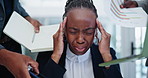 Woman, overwhelmed and stress with hands in office for phone call, documentation and busy with headache. African attorney, lawyer and person with group of staff with notebook, smartphone and chaos