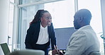 Angry, woman and argue with businessman in office for gender discrimination or workplace harassment, scream and dispute. Corporate employees, conflict and reprimand or blame for stress and pressure.