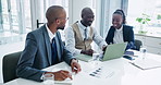 Businessmen, woman and teamwork at laptop or online project in office building or SEO growth, research or partnership. Colleagues, diversity and proposal for sales brainstorming, corporate or meeting
