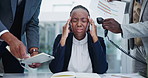 Woman, overwhelmed and busy with hands in office for phone call, documentation and headache with stress. African attorney, lawyer or person with group of staff with notebook, smartphone and anxiety