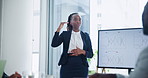 African woman, presentation and chart on board for stats, data or review for results at finance company. Person, speaker and graph on whiteboard with talk, workshop or feedback for investment growth