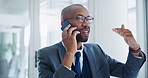 Smile, phone call and communication with business black man in office for networking or planning, Contact, corporate and connection with happy employee talking on mobile for negotiation in workplace