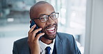 Business, smile and phone call with black man, employee and conversation in a modern office. African person, entrepreneur and lawyer with cellphone and chatting for schedule and planning for deadline