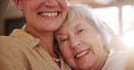 Senior mother, daughter and face with hug for care or bonding moment with affection, security and warm embrace with happiness. Family, home and together with comfort, support and closeup with love