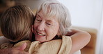 Face, love or hugging with senior mother and daughter on sofa in living room of home for bonding visit. Mothers day, smile or embrace with parent embracing woman in retirement apartment closeup